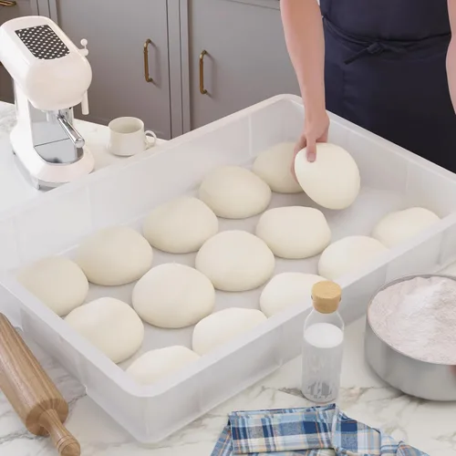 Miniatura 4 de Caja comercial plástica de la prueba de la masa de la pizza, contenedor apilable blanco de la pizza con la tapa, paquete de 4