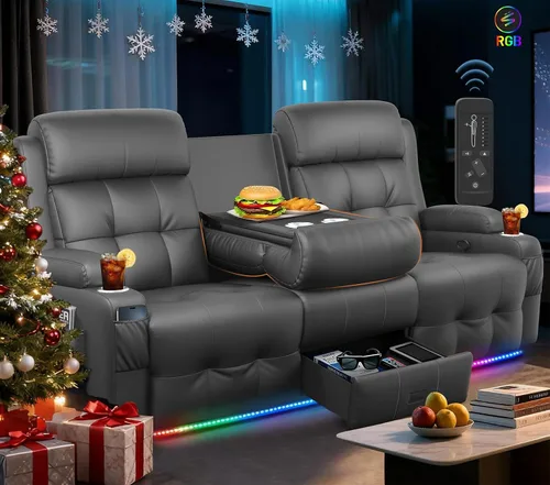 Miniatura 19 de Sofá reclinable biplaza, asiento de cine en casa de 4 plazas, sofá reclinable con USB, consola central, sillón reclinable de pared para caravana