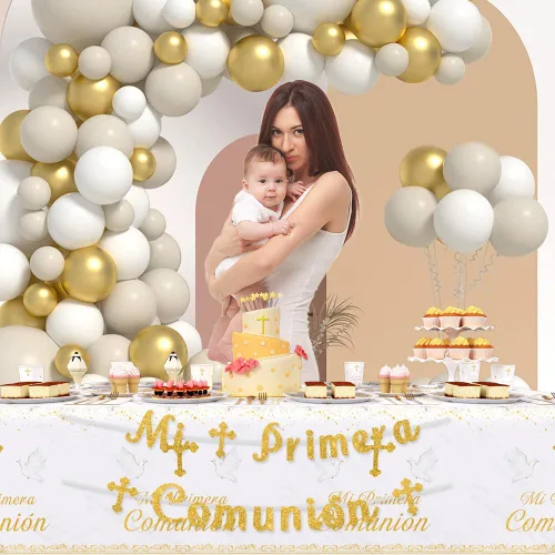 Miniatura 6 de AIBIIN 194 Piezas Decoraciones Mi Primera Comunión, Suministros para Fiesta de Primera Comunión Blanco y Dorado, Pancarta Temática de Bautismo