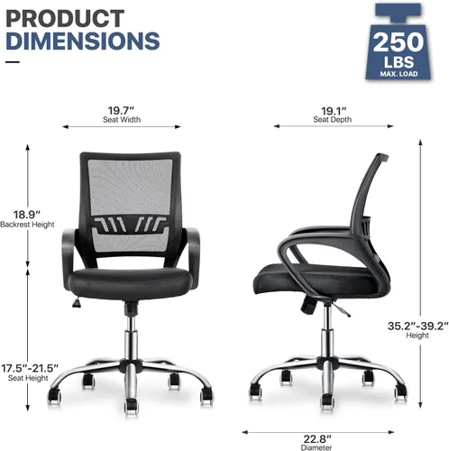 Miniatura 3 de MoNiBloom Silla de oficina de malla negra + alfombrilla para silla, silla giratoria ergonómica con respaldo medio con soporte lumbar y reposabrazos