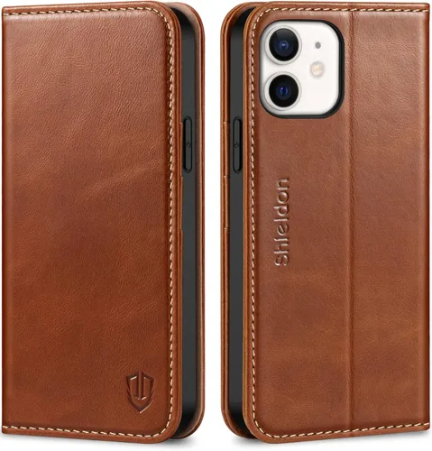 SHIELDON Funda tipo cartera para iPhone 12 5G, de piel auténtica, con absorción de golpes, bloqueo RFID, tarjetero y soporte compatible con iPhone