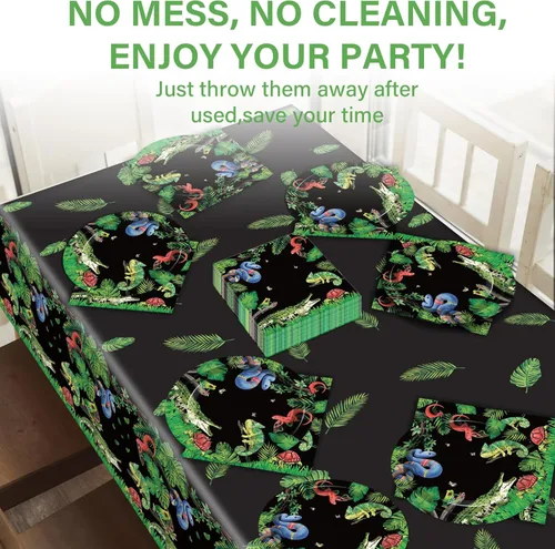 Miniatura 6 de Suministros para fiesta de cumpleaños de serpiente de reptil, sirve 24 platos de papel para fiesta de lagarto, servilletas, mantel de serpiente