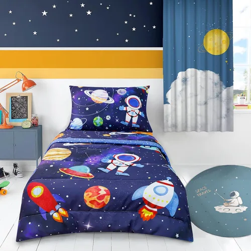 Miniatura 7 de SWESEN Juego de ropa de cama para niños pequeños, juego de ropa de cama azul espacial, suave y ligero de 4 piezas, incluye edredón, sábana encimera