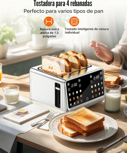 Miniatura 5 de Tostadora de 4 rebanadas con pantalla táctil, función de memoria y enfoque de una sola ranura, tostadora digital inteligente Keenstone de 1800 W