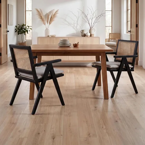 Miniatura 7 de Hyfirm Juego de 2 sillas de comedor de ratán negro, sillas de comedor de madera y caña de granja con asiento de bastón, sillones de cocina de ratán