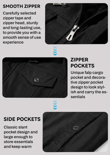 Miniatura 5 de EKLENTSON Chaqueta térmica gruesa de invierno para hombre con múltiples bolsillos con cremallera frontal forro polar chaqueta militar para hombre