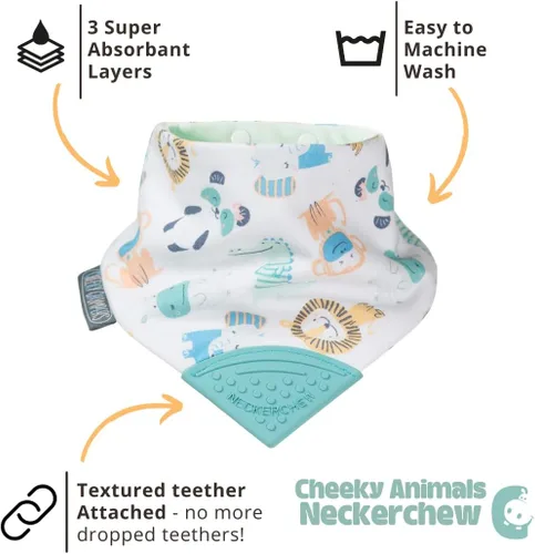 Miniatura 2 de Cheeky Chompers Neckerchew babero de dentición, babero estilo bandana 2 en 1 con mordedor de silicona de grado alimenticio Animales descarados