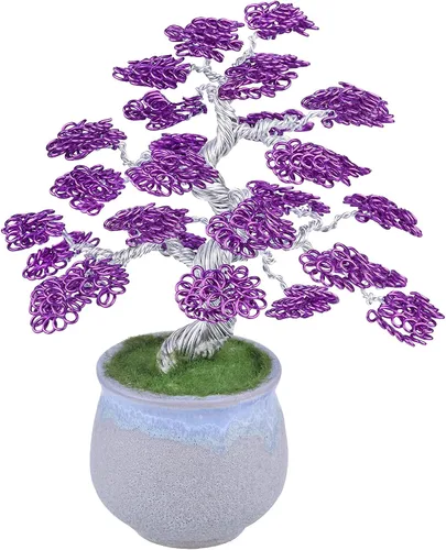 Miniatura 7 de rockcloud Escultura de árbol de dinero de alambre de aluminio con base de cerámica, bonsái de Feng Shui, decoración de oficina en casa para suerte
