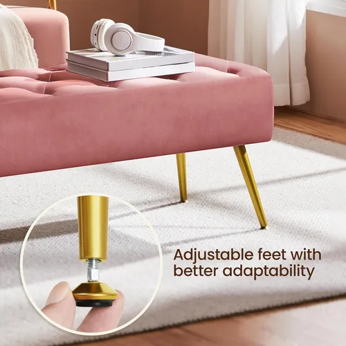 Miniatura 8 de Yaheetech Banco Otomano Moderno de Terciopelo Banco Tapizado Reposapiés para Sala de Estar con Patas de Metal Dorado y Asiento Acolchado Rosa