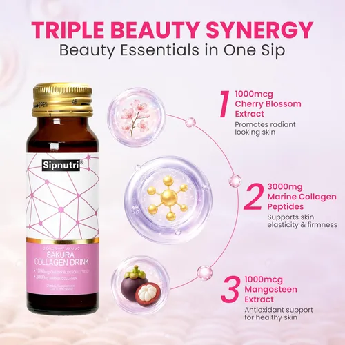 Miniatura 4 de Sakura - Bebida de colágeno – Péptidos marinos hidrolizados con extracto de flor de cerezo y mangostán, hidratación y elasticidad, soporte