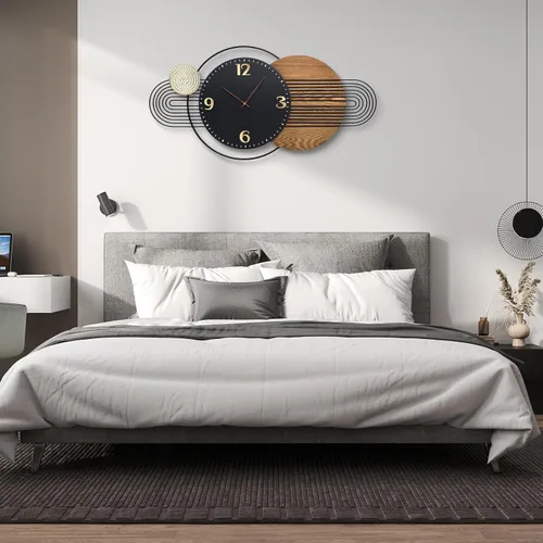 Miniatura 6 de Reloj de pared Anmotpe moderno, operado con batería, grandes relojes negros de metal y madera, estilo retro, reloj de pared grande de metal