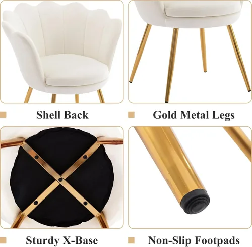 Miniatura 3 de chairus Silla de tocador de maquillaje blanca crema con respaldo, pequeña silla moderna tapizada de terciopelo con patas de metal dorado, bonita