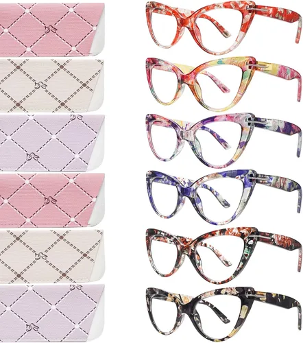 Miniatura 11 de Pack de 6 gafas de moda de ojo de gato para mujer con bloqueo de luz azul, bisagras de resorte extra grandes, lentes para computadora 6 mezcla