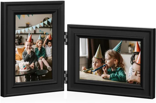 Miniatura 23 de Marco de fotos doble horizontal con bisagras plegable de 4 x 6 pulgadas en madera de pino negro con vidrio real para mesa X3-HEI-2H46