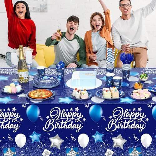 Miniatura 7 de Norme Juego de vajilla para fiesta de cumpleaños de 176 piezas en azul marino y plata. Decoración de cumpleaños que incluye mantel, platos de papel