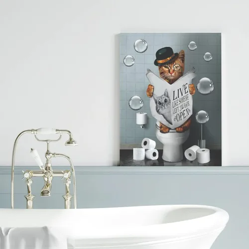 Miniatura 3 de Kateflower Lienzo decorativo para baño, arte de pared, lindo gato sentado en el inodoro, leyendo periódicos, imágenes de animales de granja, pintura