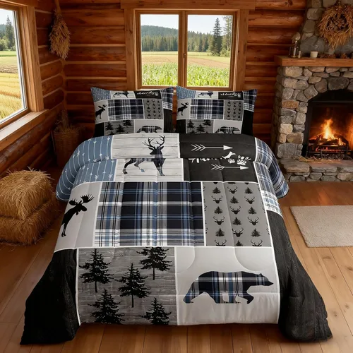 Miniatura 117 de Juego de edredón de cuernos de ciervo tamaño individual, juego de ropa de cama rústica de granja con huellas de oso y pinos para decoración