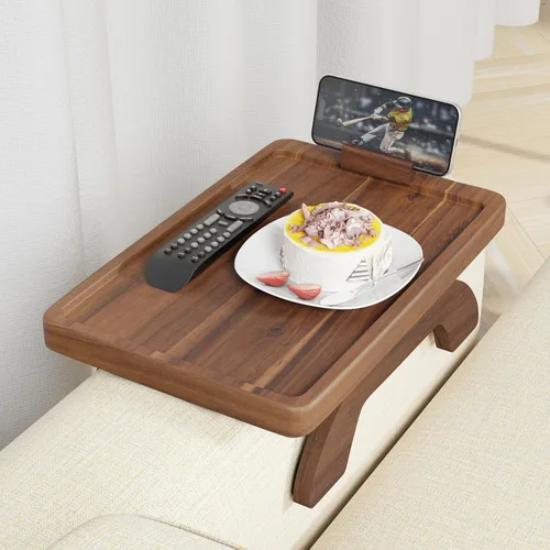 Miniatura 11 de BLUEWEST Bandeja para reposabrazos de sofá, mesa bandeja de madera de acacia que se engancha al brazo del sofá con soporte giratorio de 360°