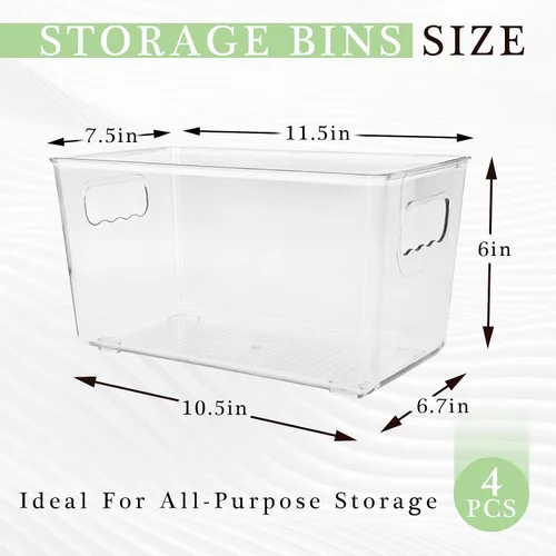 Miniatura 2 de Paquete de 4 cubos de almacenamiento de plástico transparente con asas, organizador apilable para despensa, refrigerador, debajo del fregadero