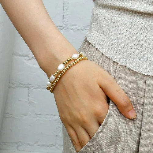 Miniatura 4 de Pulseras de cuentas de oro para mujer, perlas barrocas apilables, chapadas en oro de 14 quilates, pulsera de bolas elásticas para regalo de joyería