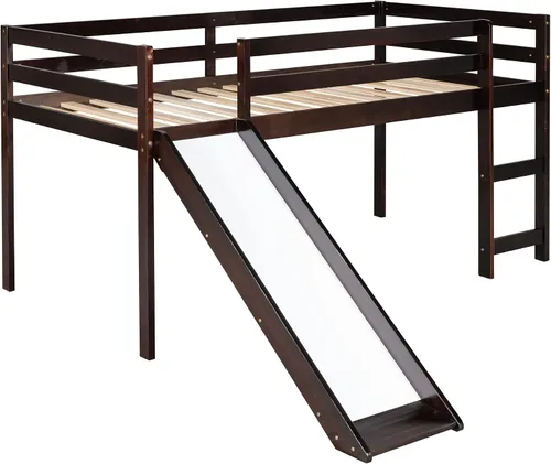 Miniatura 5 de Harper & Bright Designs Cama alta baja con tobogán, marco de cama individual de madera maciza para niños con tobogán y escaleras, no necesita somier