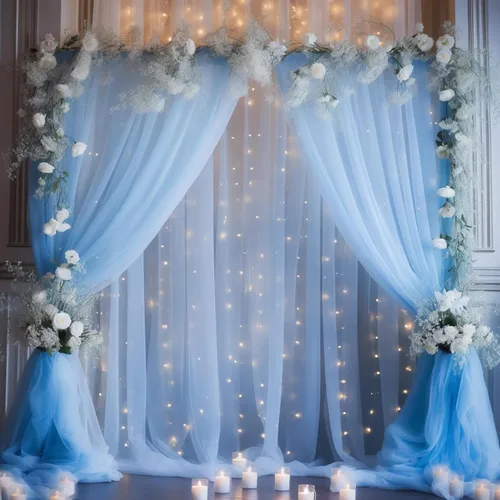 Miniatura 39 de Cortina de telón de fondo de tul azul bebé de 10 x 8 pies con cadena de luces para fiestas, cortinas de fondo transparentes para bodas, baby shower
