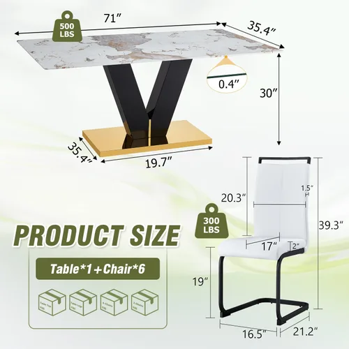 Miniatura 3 de Juego de mesa de comedor de 71 pulgadas para 6, moderno juego de mesa de comedor para 6, mesa de comedor de mármol con 6 sillas de comedor de piel