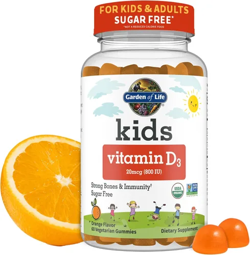Garden of Life Gomitas orgánicas de vitamina D3 para niños con 800 UI (100% valor diario) para huesos fuertes, dientes, cerebro e inmunidad – Sin