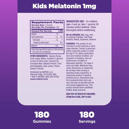 Miniatura 7 de Natrol Melatonina para niños 1 mg, suplemento dietético para un sueño reparador, gomitas de melatonina para niños, 180 gomitas con sabor a