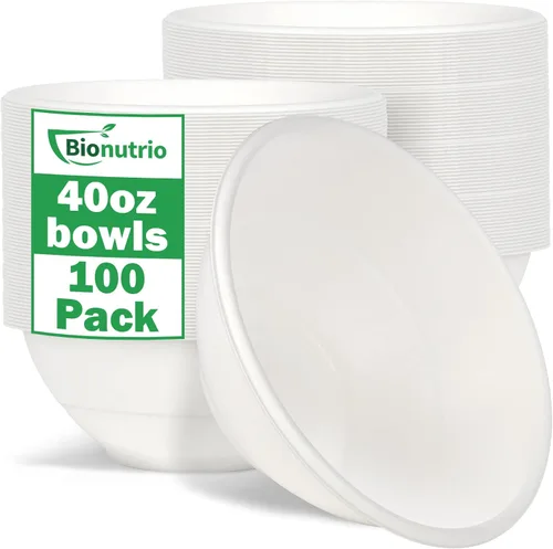 Cuencos de papel grandes desechables de 40 onzas, paquete de 100 unidades, resistentes, compostables, cuencos blancos de caña de azúcar para cereal,