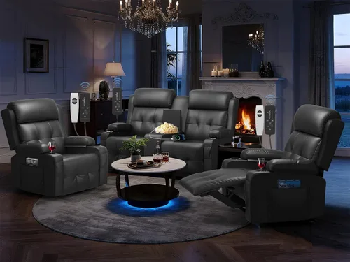 Miniatura 23 de Sofá reclinable biplaza, asiento de cine en casa de 4 plazas, sofá reclinable con USB, consola central, sillón reclinable de pared para caravana