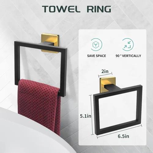 Miniatura 4 de Dorudon Atrox Juego de 7 piezas de baño – Juego de accesorios negros y dorados – Toallero cuadrado de 2 x 23 pulgadas, toallero de mano, soporte
