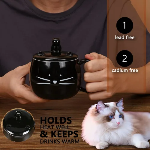 Miniatura 6 de Koolkatkoo Taza de café con diseño de gato de 16 onzas con tapa para teléfono celular, para amantes de los gatos, tazas negras de cerámica únicas