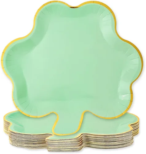 Whaline 40 platos de papel del día de San Patricio, platos desechables con forma de trébol verde menta, platos desechables con bordes de lámina