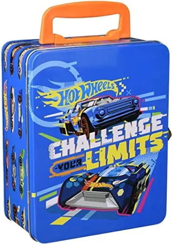 Theo Klein 2883 Hot Wheels - Estuche de almacenamiento de metal I con compartimentos de almacenamiento para hasta 18 autos I Dimensiones: 8.3 in x