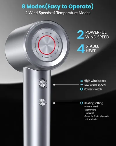 Miniatura 5 de Secador de pelo, 110000 RPM profesional con motor sin escobillas para secado rápido, secador de pelo compacto silencioso con difusor magnético
