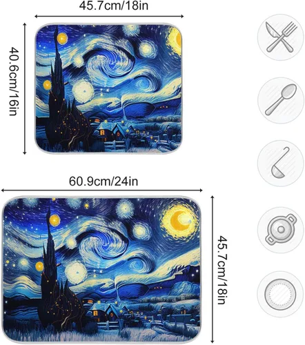 Miniatura 3 de Vnurnrn Tapete de secado nocturno de platos estilo Van Gogh para encimera de cocina, tapete escurridor de platos de microfibra, absorbente de secado