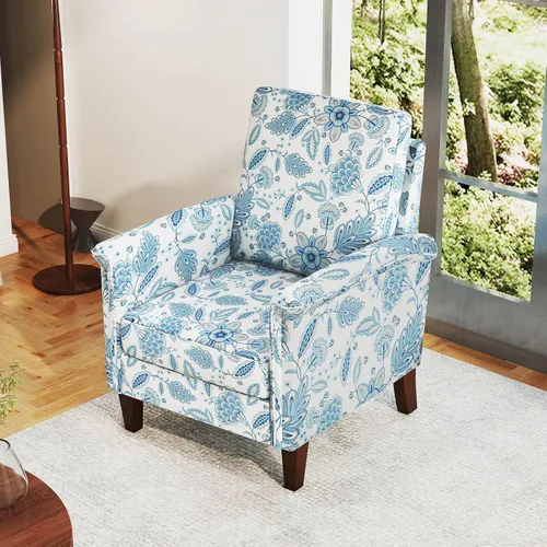 Miniatura 7 de GOFLAME Silla decorativa floral, cómoda silla tapizada con patas de madera de goma y cojín acolchado grueso, sillón individual de respaldo alto
