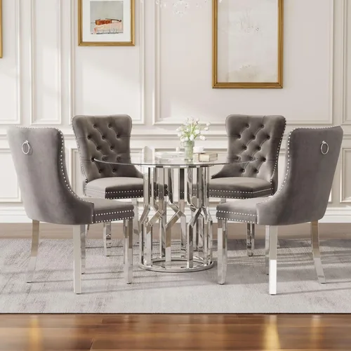 Miniatura 8 de 47.2" Round Glass Dining Table for 4-6, Round Glass Kitchen Table with Steel Legs, Modern Dining Table for Dining Room, Kitchen, Home, Cafe