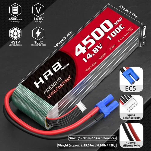Miniatura 4 de HRB 4S 4500mAh Lipo Batería EC5 100C 14.8V RC Lipo Batería Compatible con RC Car RC Plane RC Truck RC Boat (2 piezas)