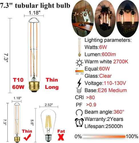 Miniatura 5 de LiteHistory Bombilla E26 regulable de 6 W, igual a 60 W, AC120V, blanco cálido, 2700 K, Edison 60 W, 600 lúmenes, T10, para colgante rústico, tubo