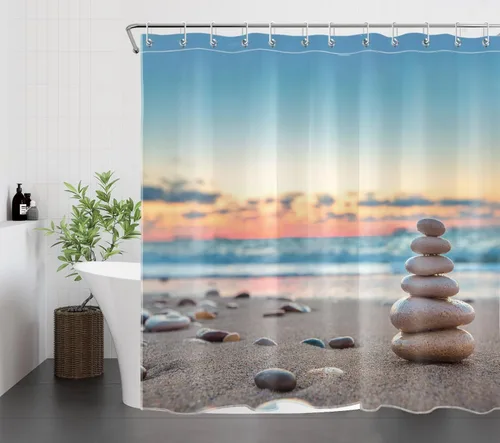 Miniatura 18 de LB Cortina de ducha asiática de piedra zen, cortina de ducha japonesa para baño, cortinas de baño de tela negra de 48 x 72 pulgadas con ganchos