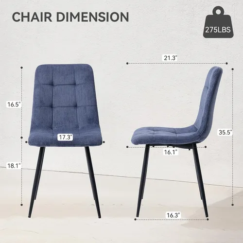 Miniatura 3 de Juego de 4 sillas de comedor de pana, modernas sillas de cocina tapizadas de tela con patas de metal, almohadillas ajustables, color azul