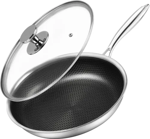 Innerwell - Sartén de 12 pulgadas de acero inoxidable de tres capas con tapa, sartén grande antiadherente con revestimiento de nido de abeja para