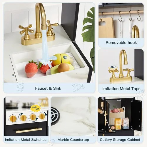 Miniatura 5 de Cocina de Juego para Niños, Juego de Cocina de Madera con Accesorios Realistas, Cocina de Lujo para Niños Pequeños, Campana Extractora
