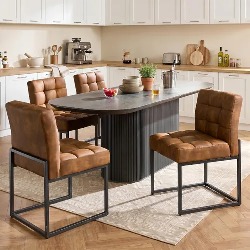 Miniatura 11 de GrandNoor Brown Faux Leather Dining Chairs Set of 2, Mid-Century Modern Dining Room Chairs with Armless, Checkered Kitchen Chair with Metal Legs