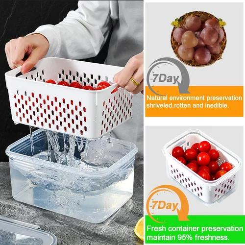 Miniatura 6 de Paquete de 4 recipientes grandes de almacenamiento de frutas para refrigerador con orificios de ventilación y asa, recipientes herméticos
