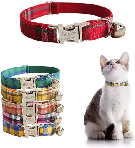Miniatura 23 de Collar de gato personalizado con placa de nombre, collares ajustables de nailon resistente para identificación de gato con campana, personaliza