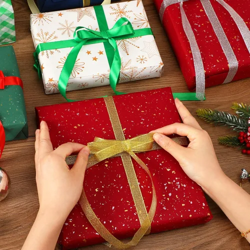 Miniatura 4 de DECYOOL - Cinta de Navidad, 4 rollos de 100 yardas de cintas navideñas para envolver regalos (0.6 in de ancho, rojo, verde, dorado y plateado)