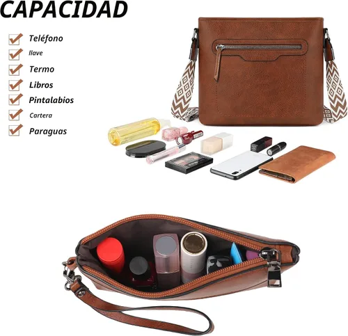 Miniatura 4 de TANTOMI Bolsos de mano para mujer, bolso cruzado grande de cuero, bolso de hombro con cartera correas ajustables Marrón